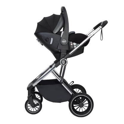 Black baby stroller with car seat on a white background