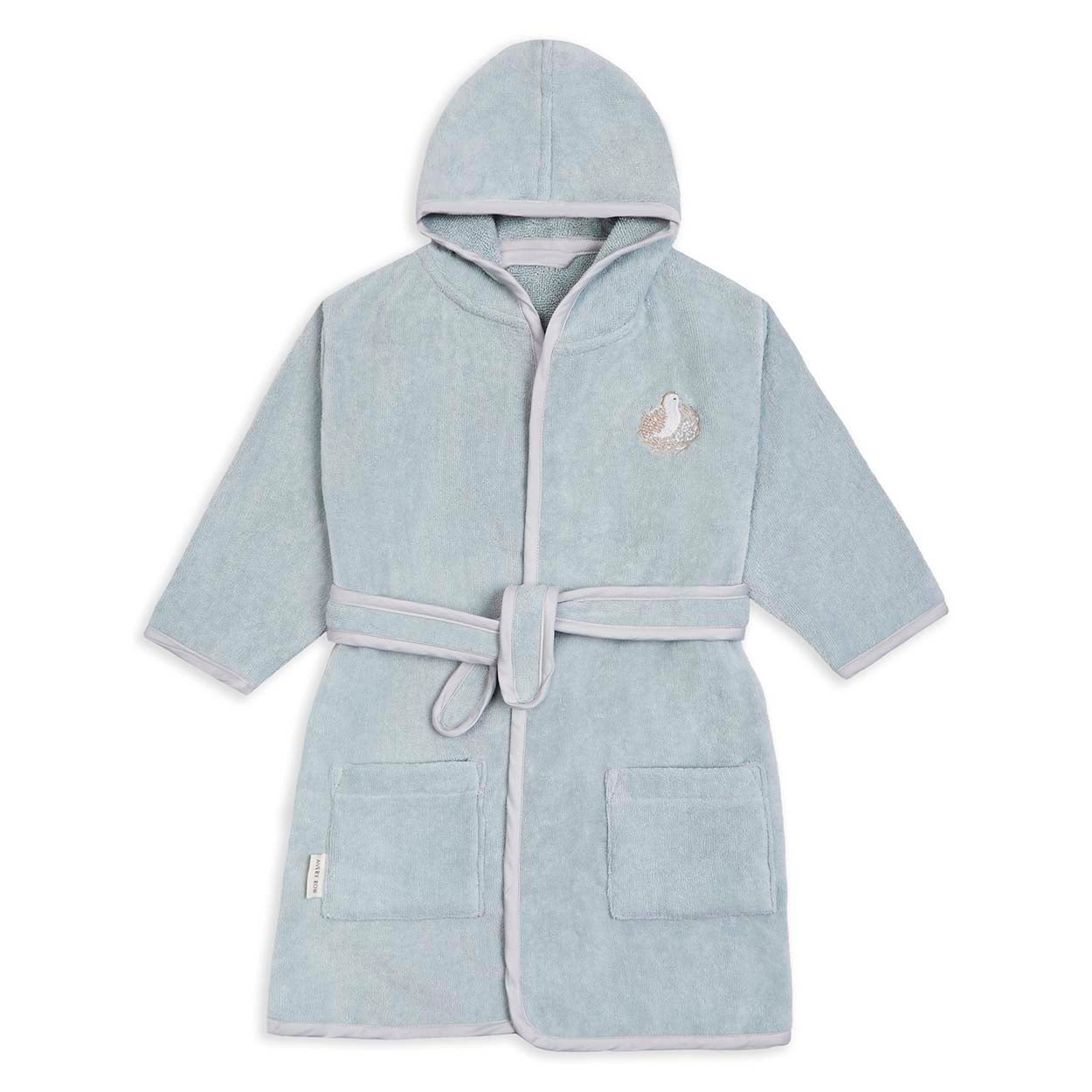 Light blue children's bathrobe with hood on a white background