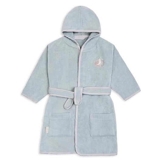 Light blue children's bathrobe with hood on a white background