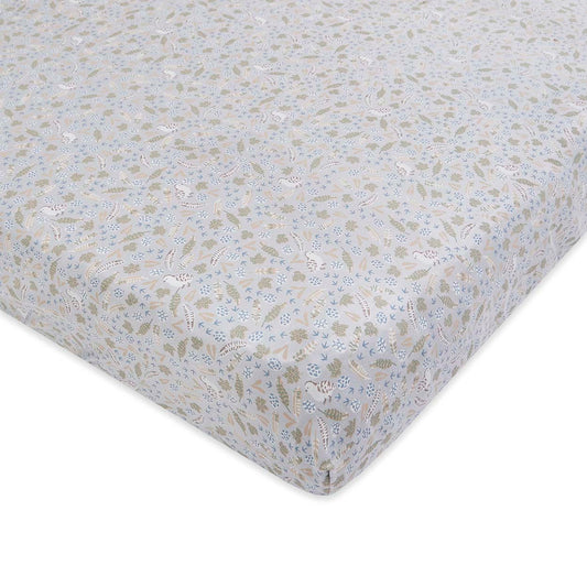 Floral patterned fitted sheet on a white background