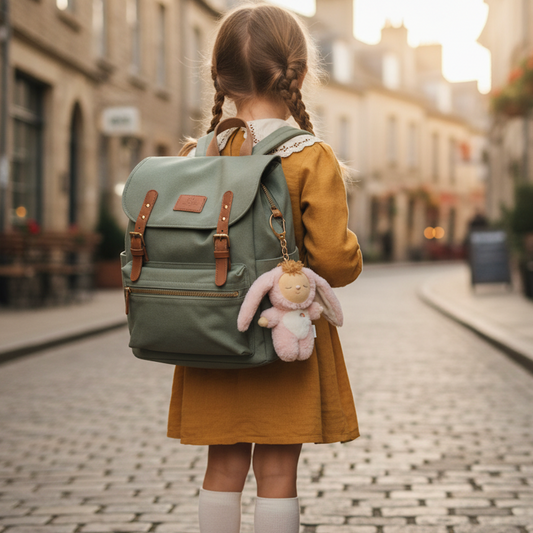 Child with a green backpack and bunny plush toy key chain walking down a street.