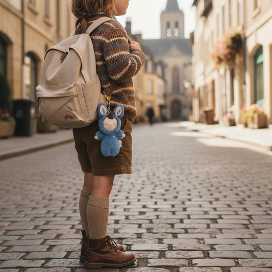 Person standing on a cobblestone street with a backpack and a blue plush toy