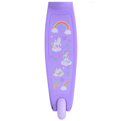 Purple scooter with unicorn and rainbow designs on a white background