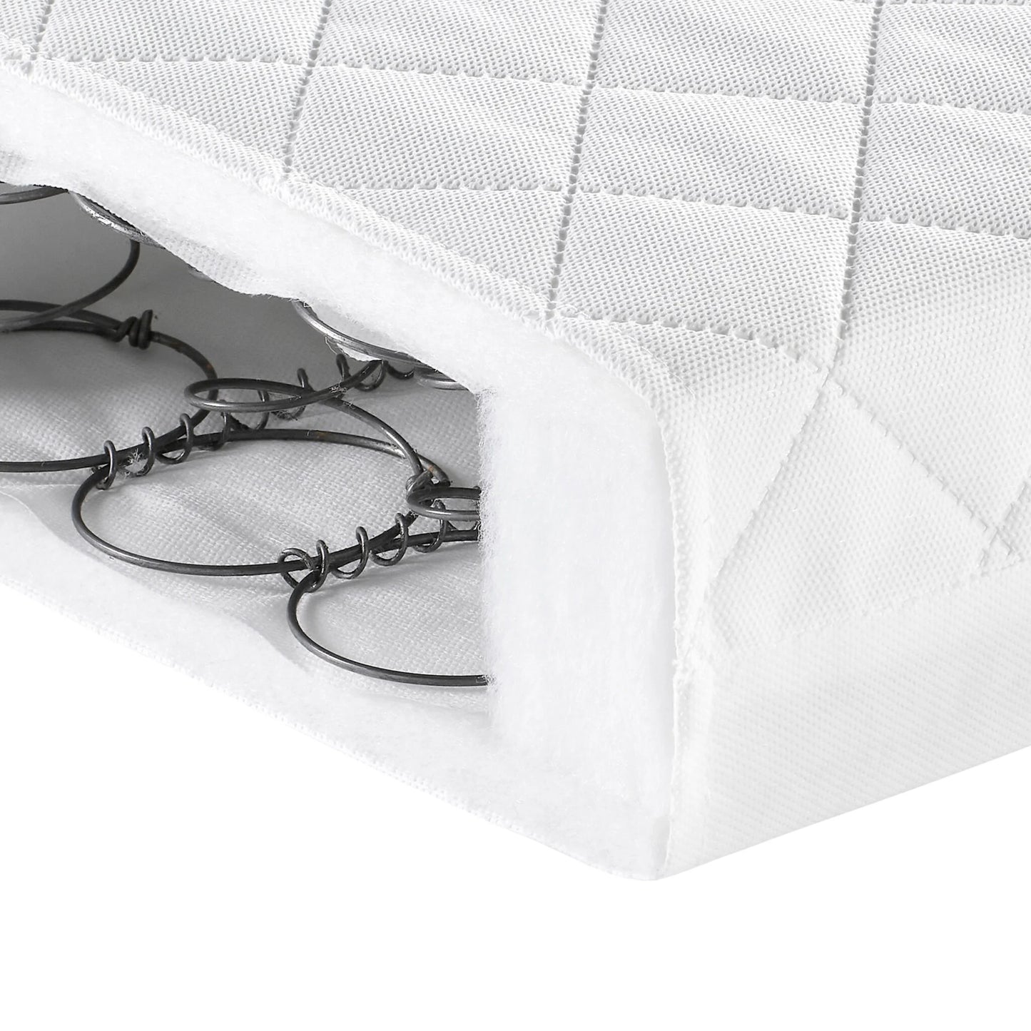 Close-up of a white quilted mattress cover with coils peeking out from underneath.