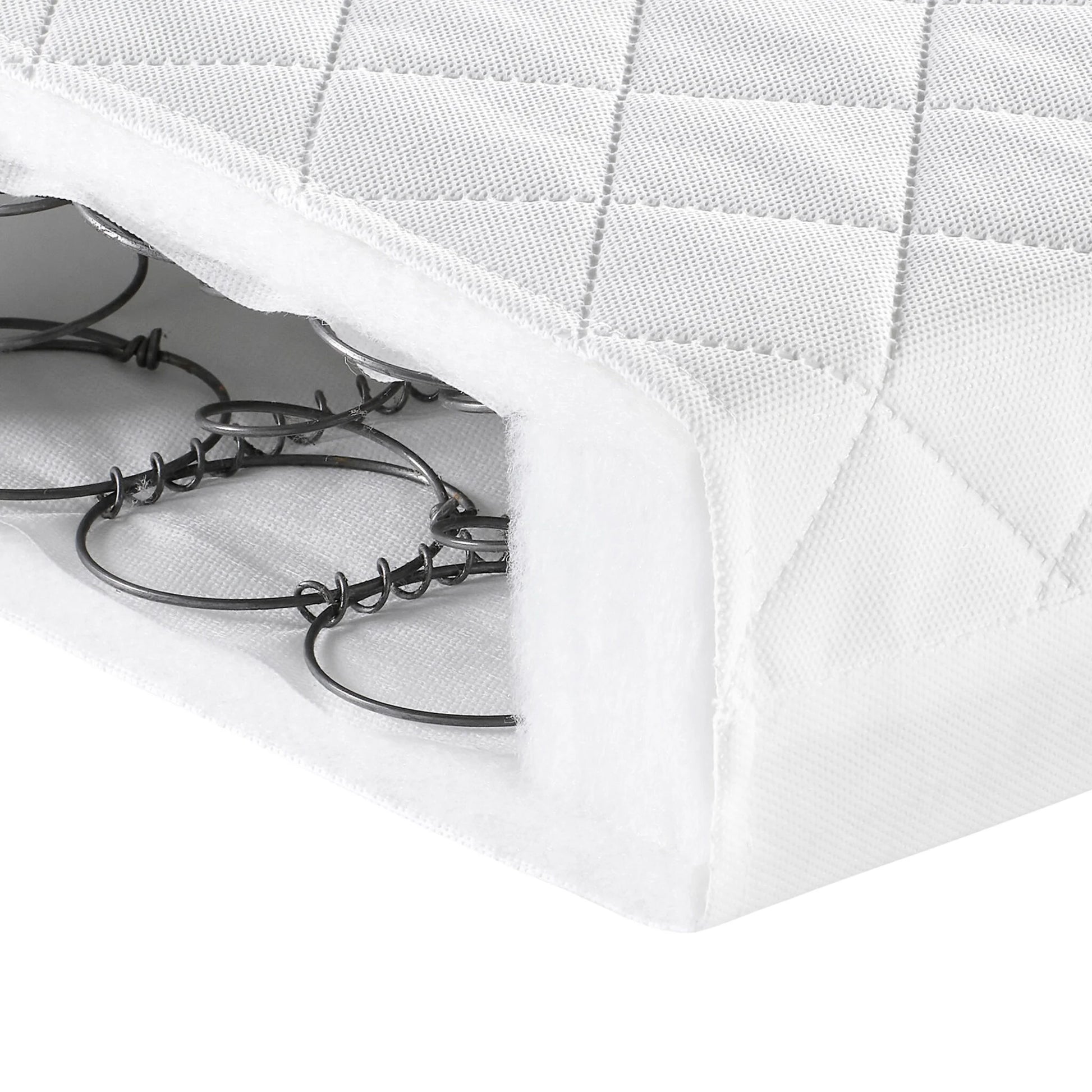 Close-up of a white quilted mattress cover with coils peeking out from underneath.