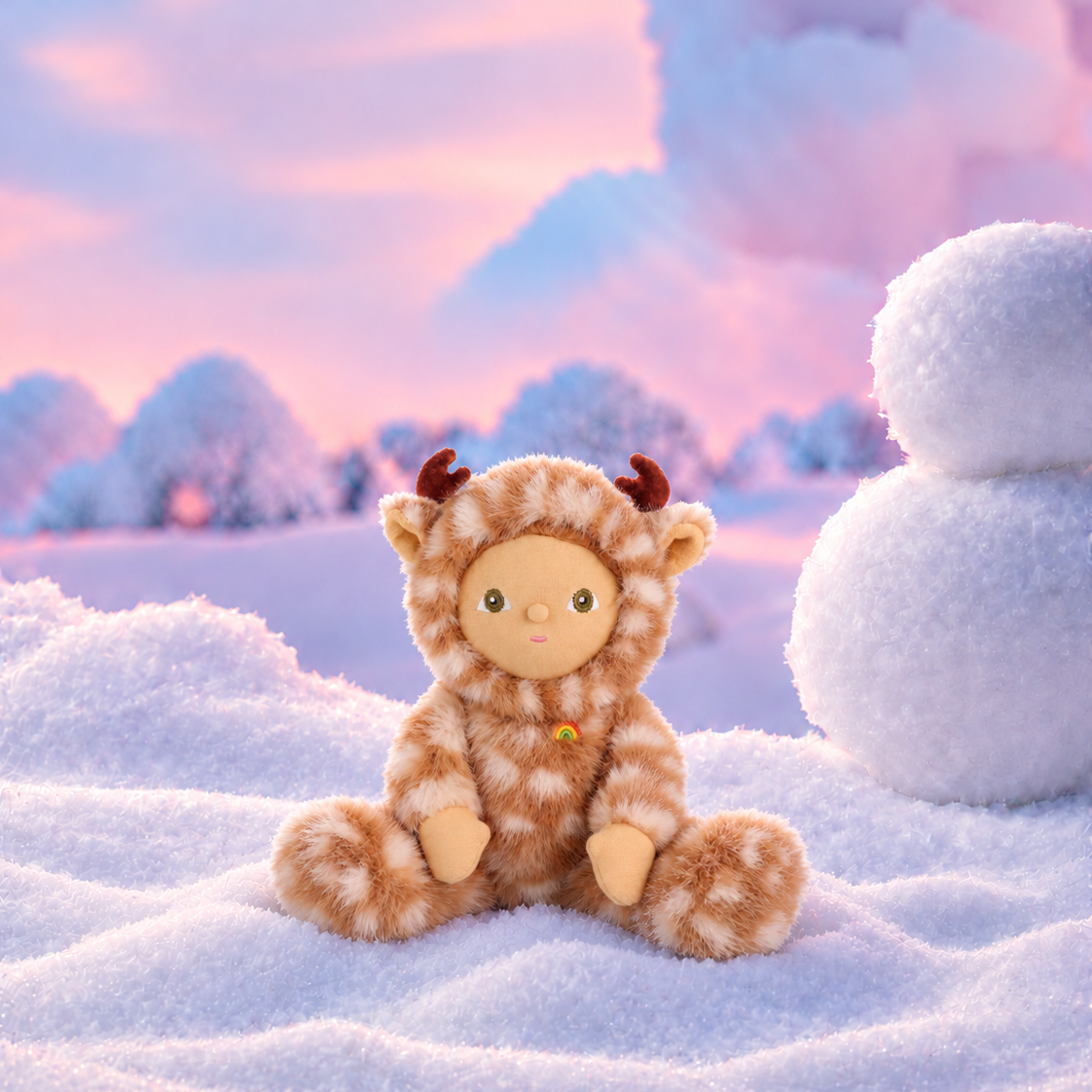 A small plush toy with brown antlers and a spotted tan-and-white outfit sits in snow, with a pink and blue winter sky, frosted trees, and a snowman in the background.