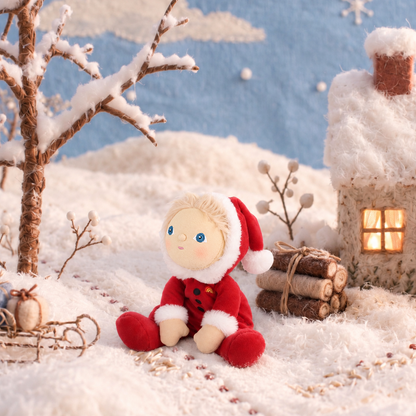 A small plush doll dressed in a red Santa-style outfit with a white Santa hat sits in a snowy miniature winter scene. The scene includes a snow-covered tree, a small house with a glowing window, logs, and a blue sky backdrop.
