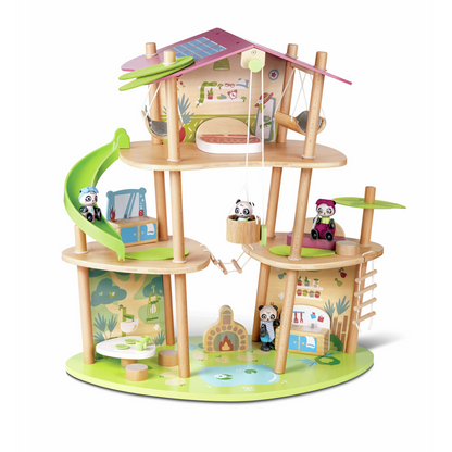 Wooden toy treehouse with multiple levels and panda figures on a white background