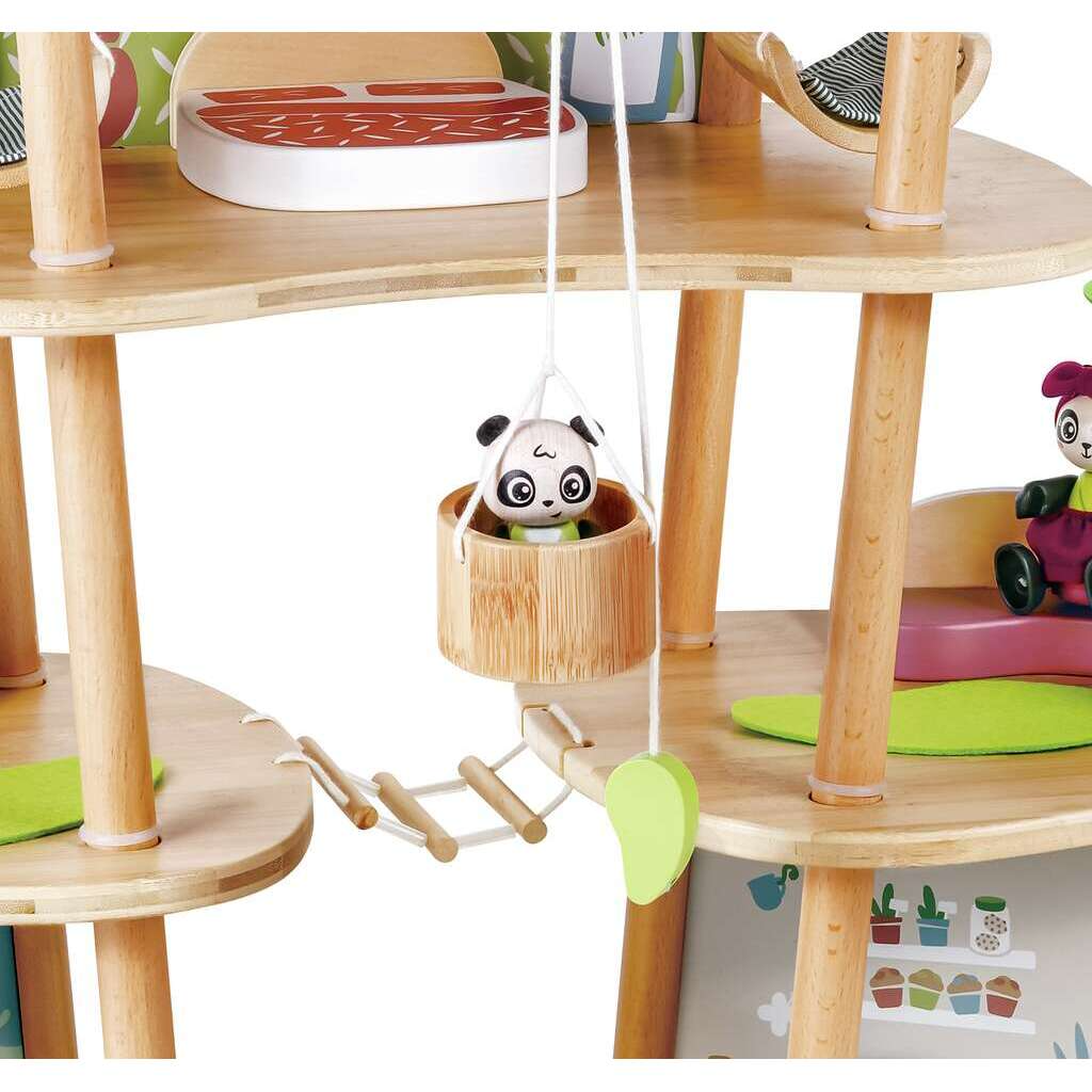 Wooden playpen with panda toy and hanging basket