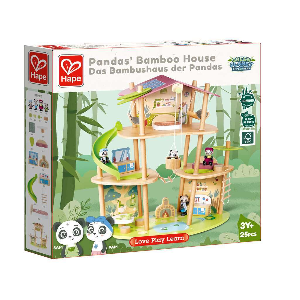 Hape Pandas' Bamboo House toy set packaging on a white background