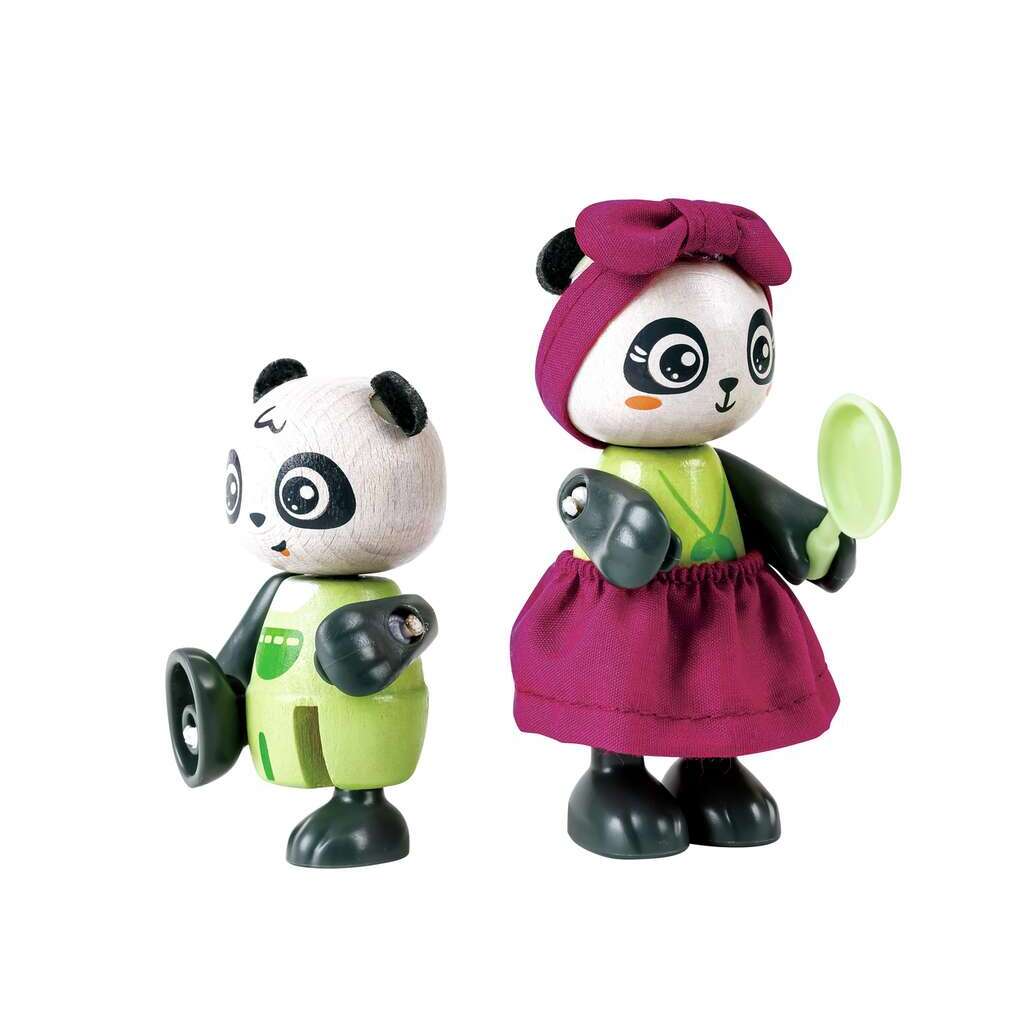 Two panda figurines, one in a green outfit and black shoes, the other in a pink outfit with a bow and green shoes, on a white background.