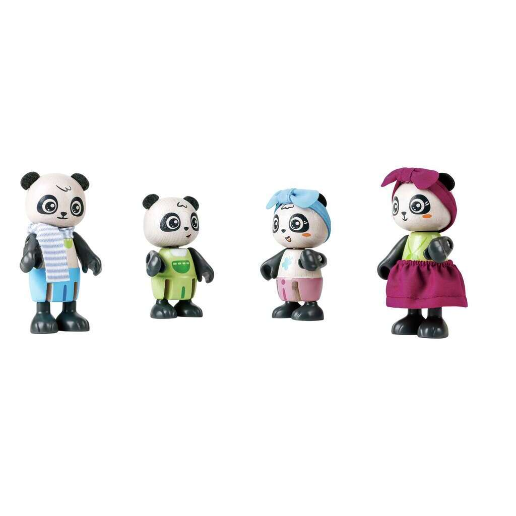 Four panda figurines in different outfits on a white background