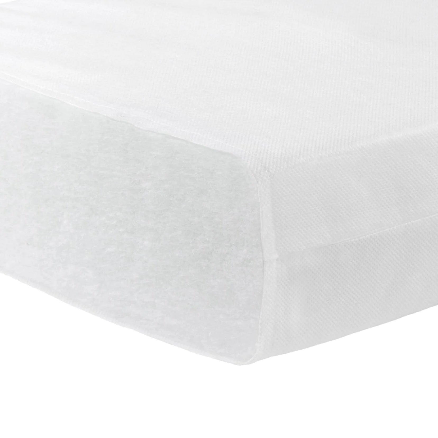 White fitted sheet on a bed with a plain background