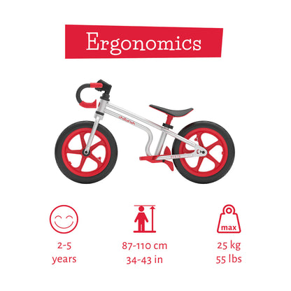 Children's balance bike with ergonomic design features on a white background