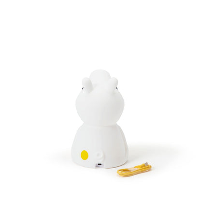 White cartoon-like character with a yellow tag on a white background