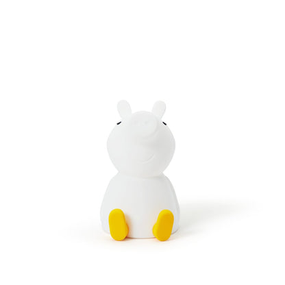 White cartoon-like creature with yellow feet on a white background