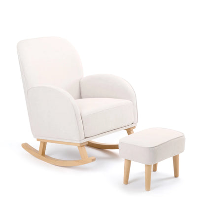 White rocking chair with matching ottoman on a white background