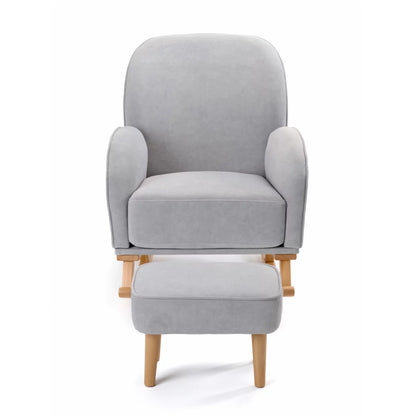 Gray armchair with wooden legs and matching ottoman on a white background