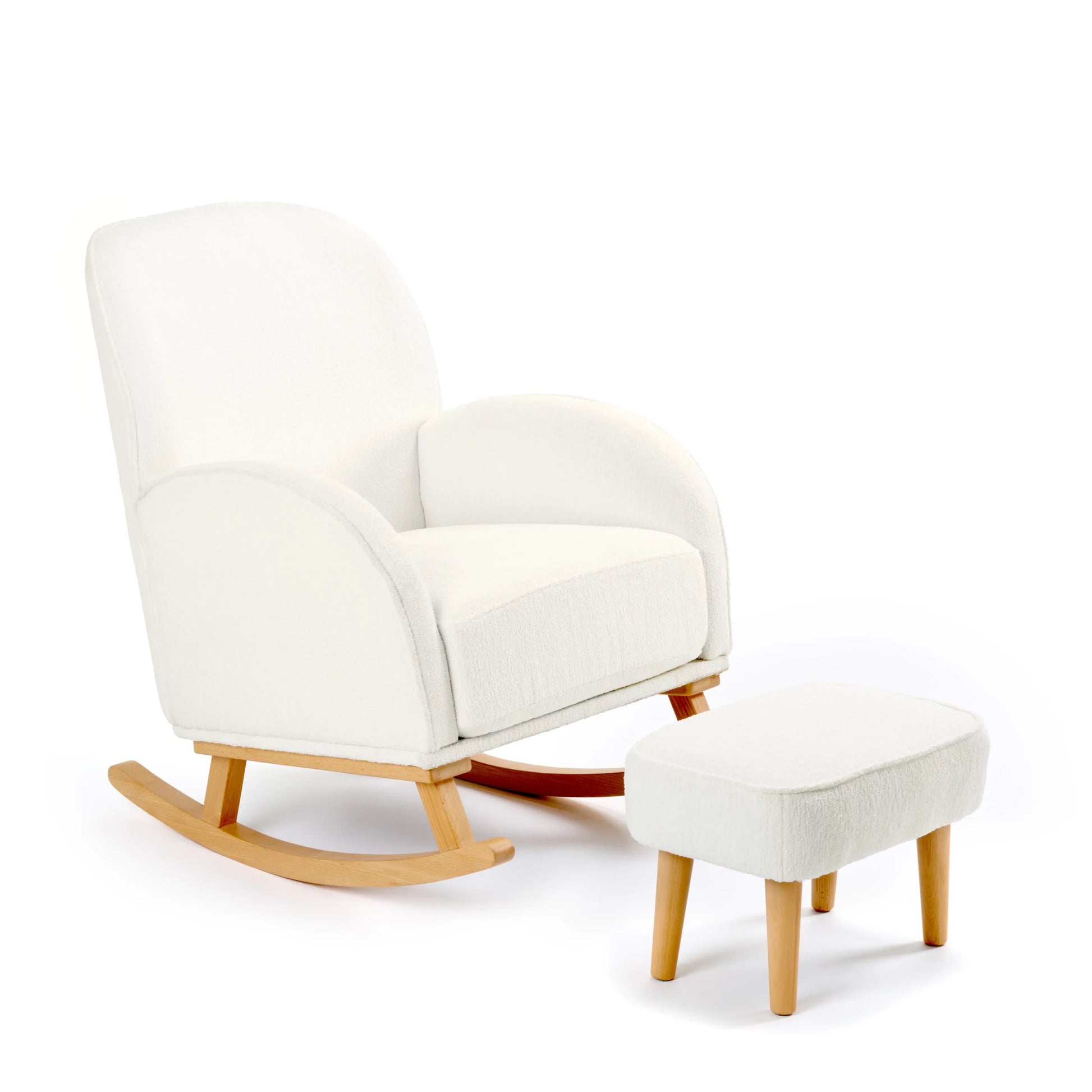 White rocking chair with wooden legs on a white background