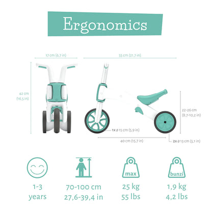 Ergonomic design and measurement chart for a children's bike with text and icons.