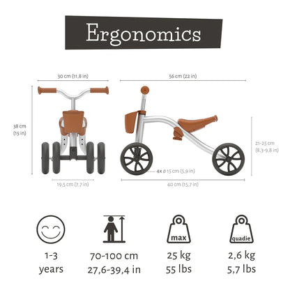 Ergonomic design of a children's tricycle with measurements and specifications.