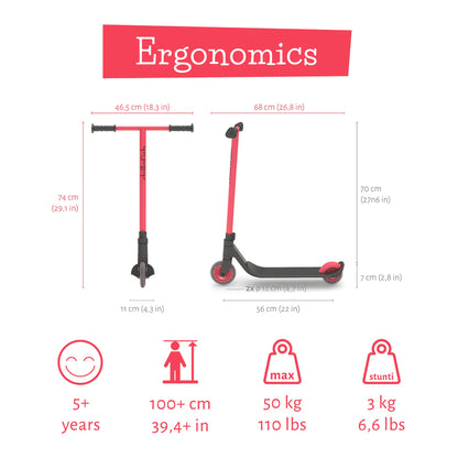 Ergonomic scooter with dimensions and features on a white background