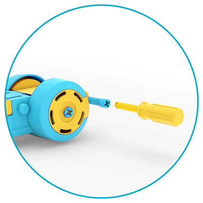 Toy drill with a yellow drill bit on a white background