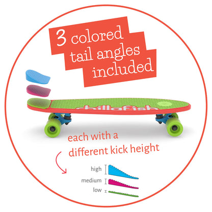 Colorful skateboard with three different colored tail angles on a white background