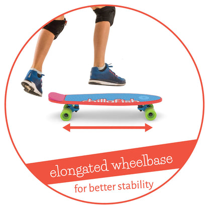 Colorful skateboard with 'Phillia Fish' branding, showing elongated wheelbase for stability.