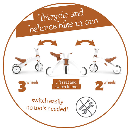 Diagram showing a tricycle transforming into a balance bike with text and arrows indicating the process.