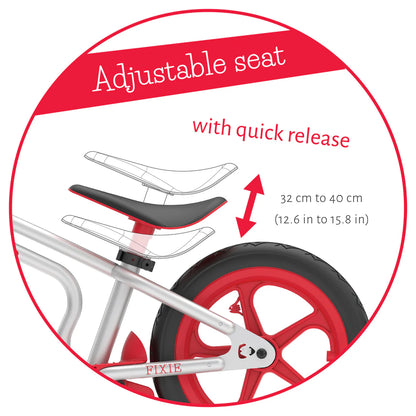 Adjustable seat on a children's bike with measurement details