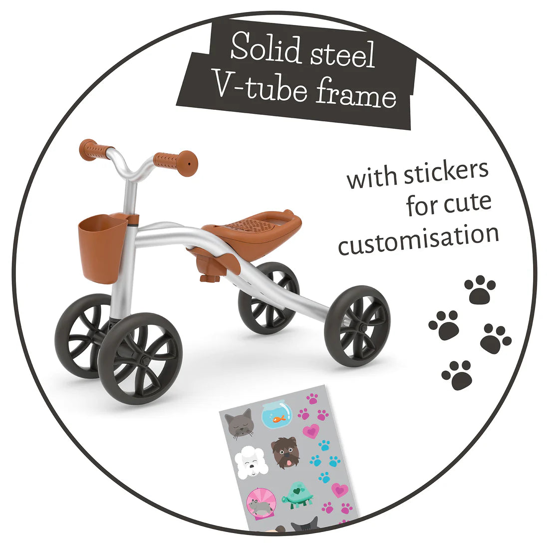 Children's tricycle with solid steel V-tube frame and stickers for customization on a white background.
