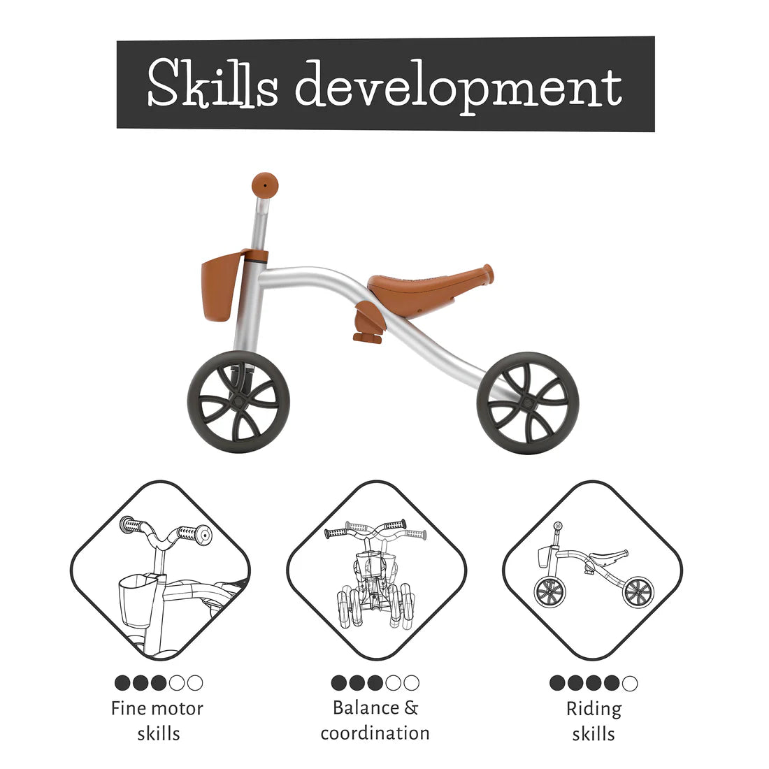 Children's balance bike with icons indicating skills development on a white background
