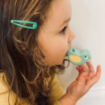 Child holding a blue pacifier with a white background