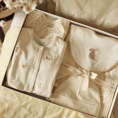 Baby clothing set with shirt, bib, and hat in a box on a soft beige background
