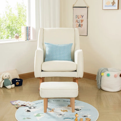 White armchair with a blue checkered pillow in a child-friendly room with toys and a rug.