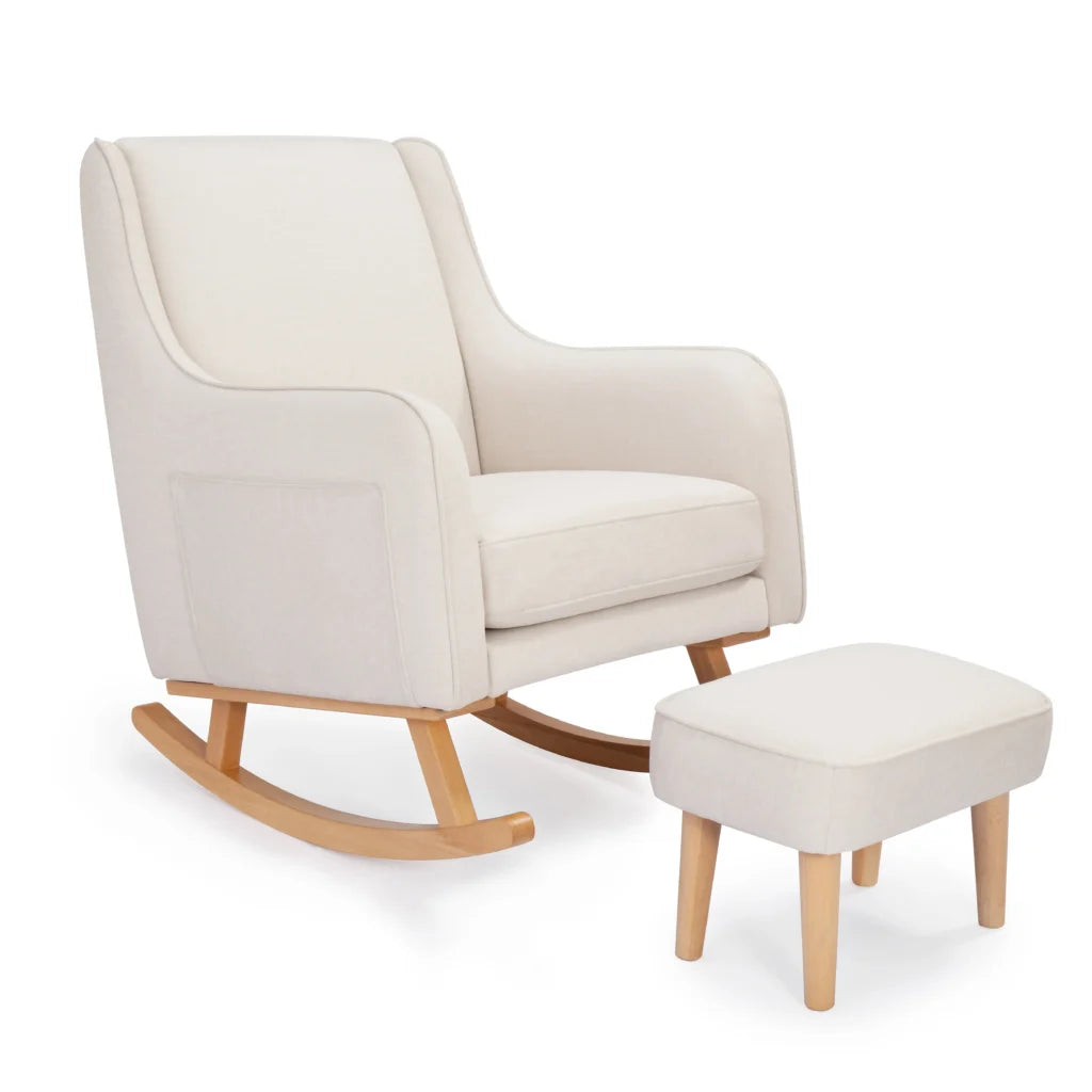 Beige rocking chair with matching ottoman on a white background