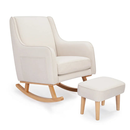 Beige rocking chair with matching ottoman on a white background