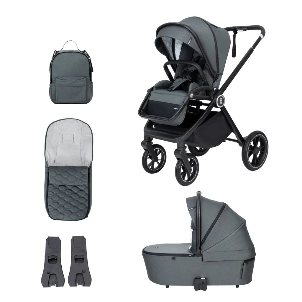 Gray stroller set with various components on a white background