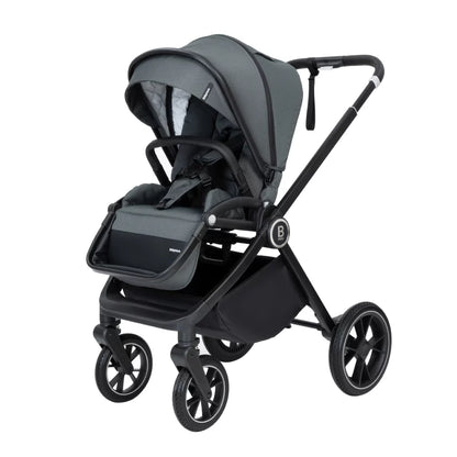 Gray and black stroller on a white background