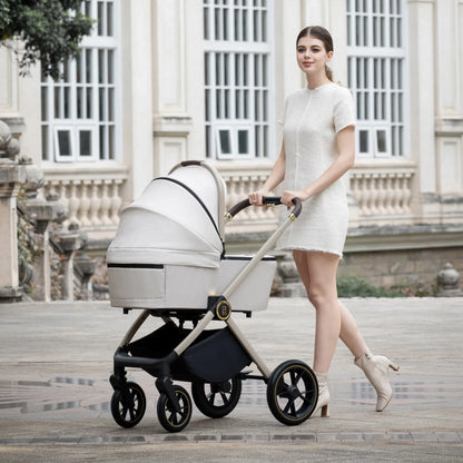 Woman pushing a baby stroller in an elegant outdoor setting