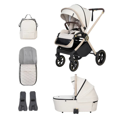 Collage of a baby stroller with accessories on a white background