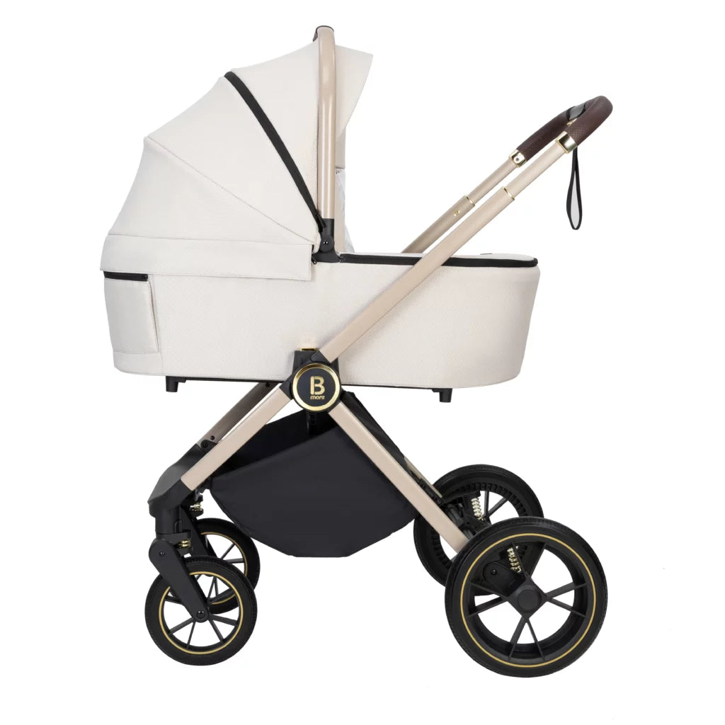 Baby stroller with white canopy and black wheels on a white background