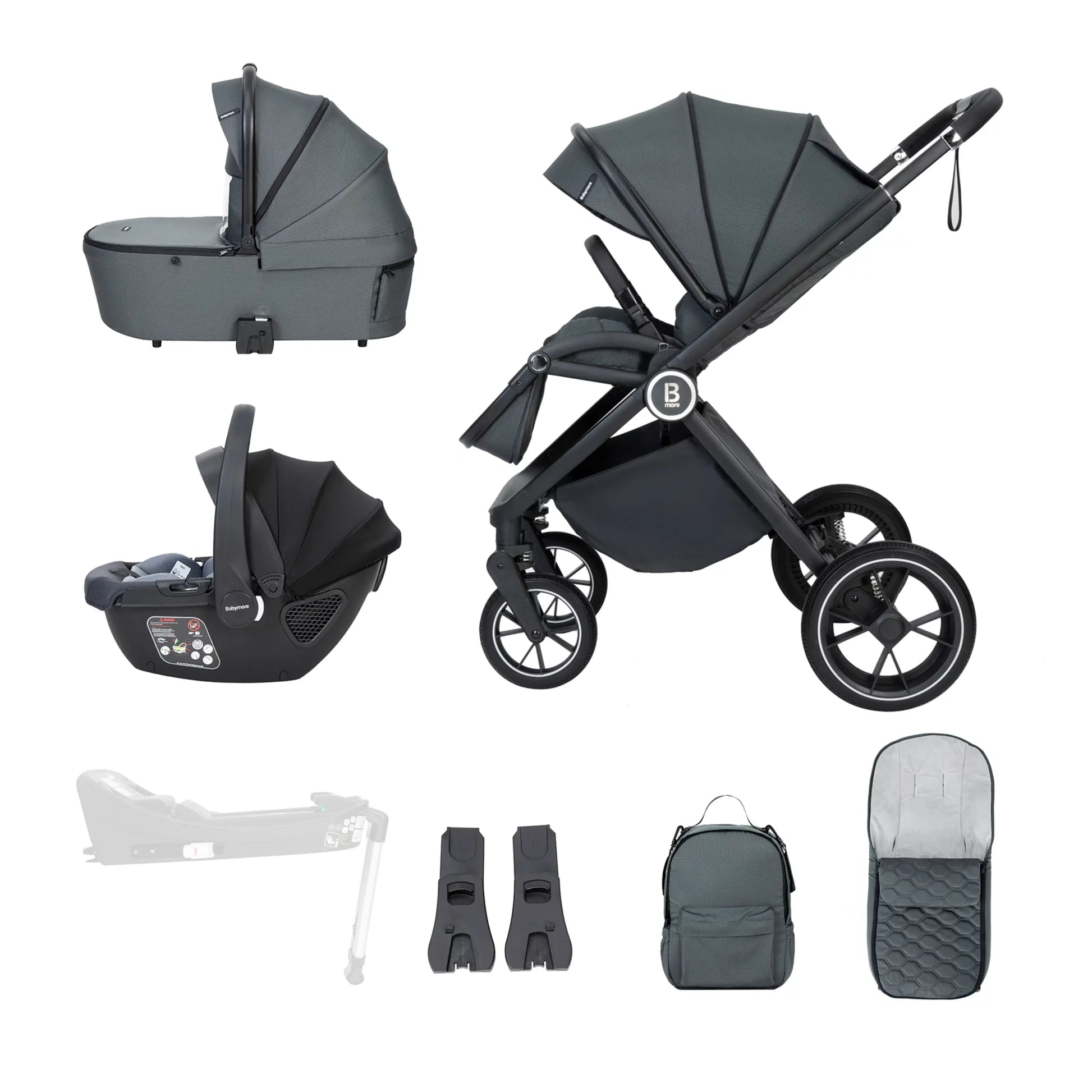 Collection of baby stroller and related accessories on a white background
