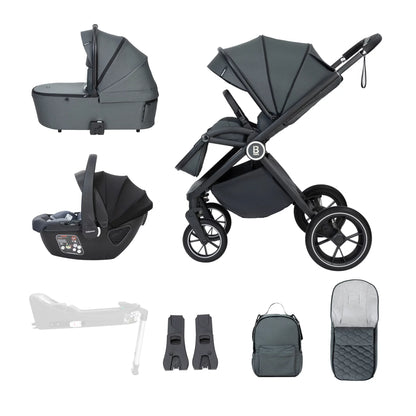 Collection of baby stroller and related accessories on a white background