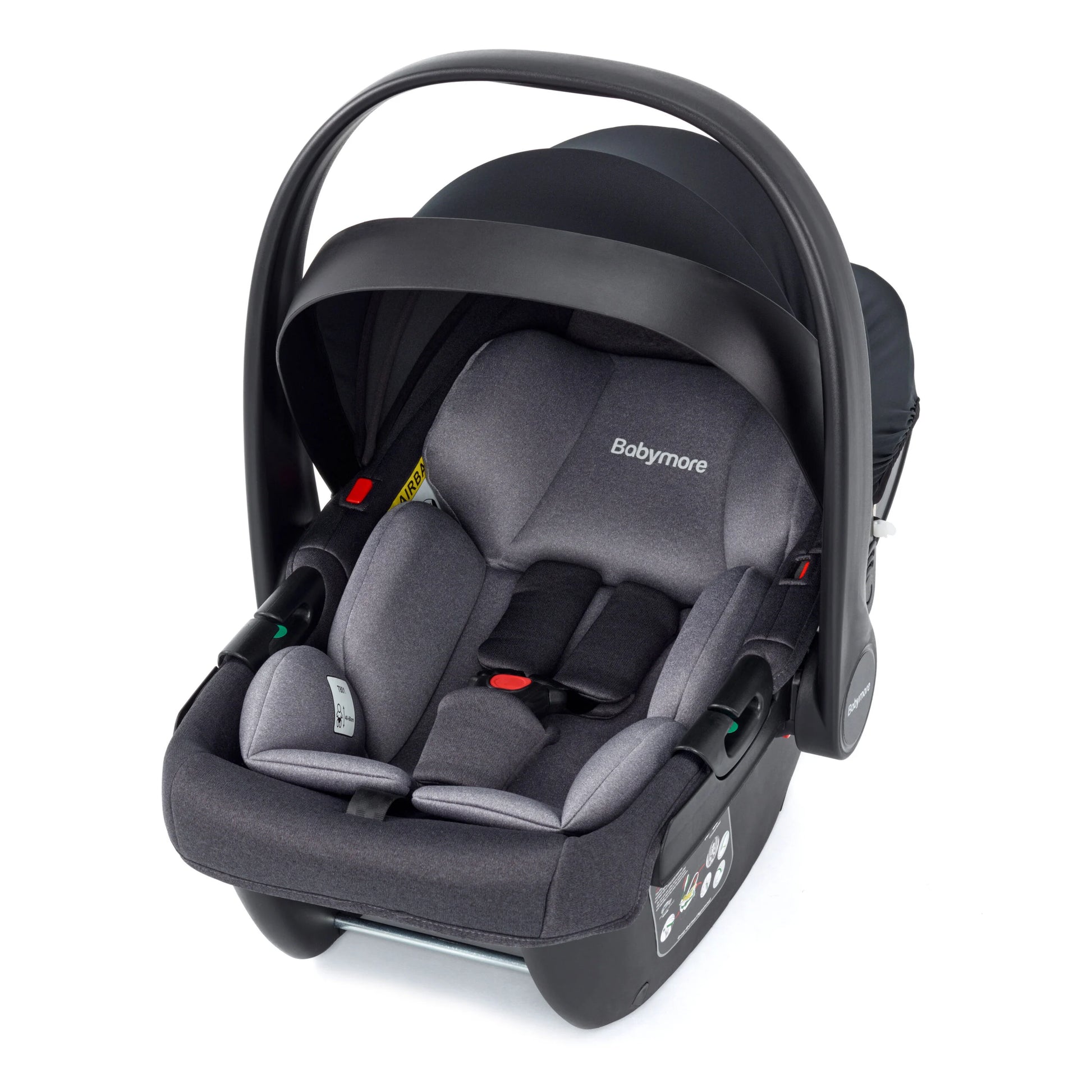 Gray baby car seat with black headrest on a white background