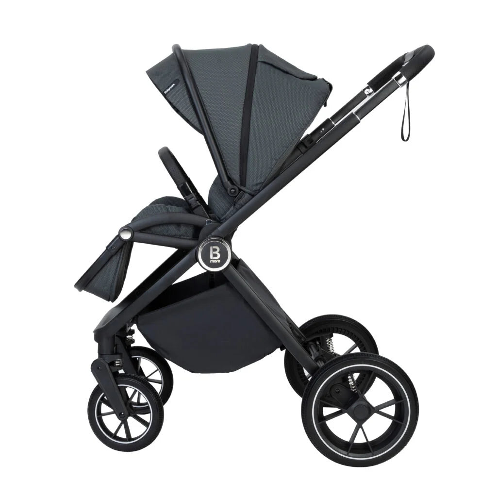 Black baby stroller with a visible brand logo on a white background