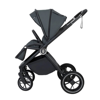 Black baby stroller with a visible brand logo on a white background