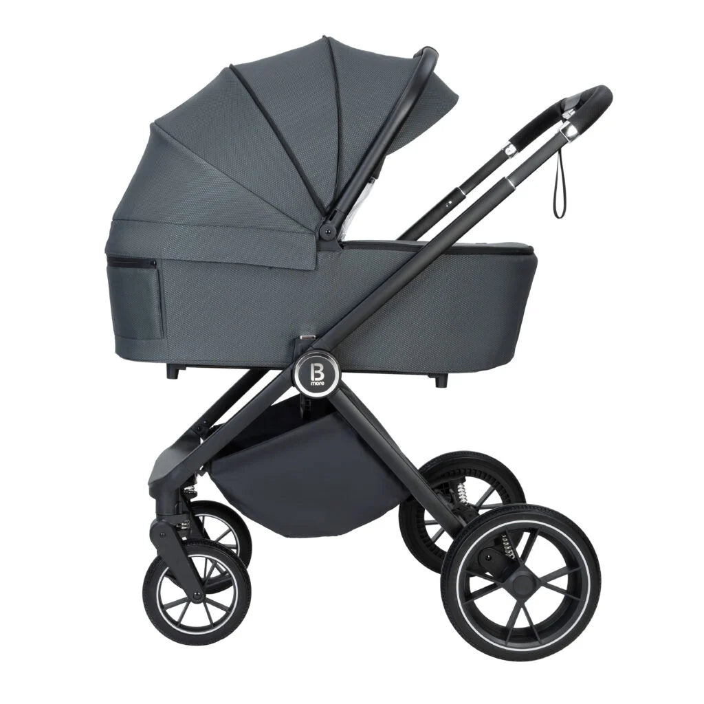 Dark gray stroller with a visible brand logo on a white background