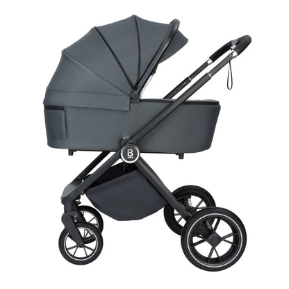 Dark gray stroller with a visible brand logo on a white background